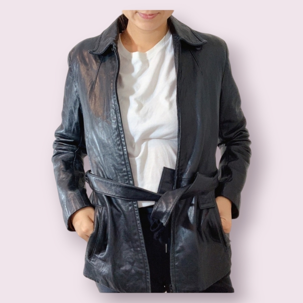 Black‎ Genuine Leather Belt Jacket Removable Lining